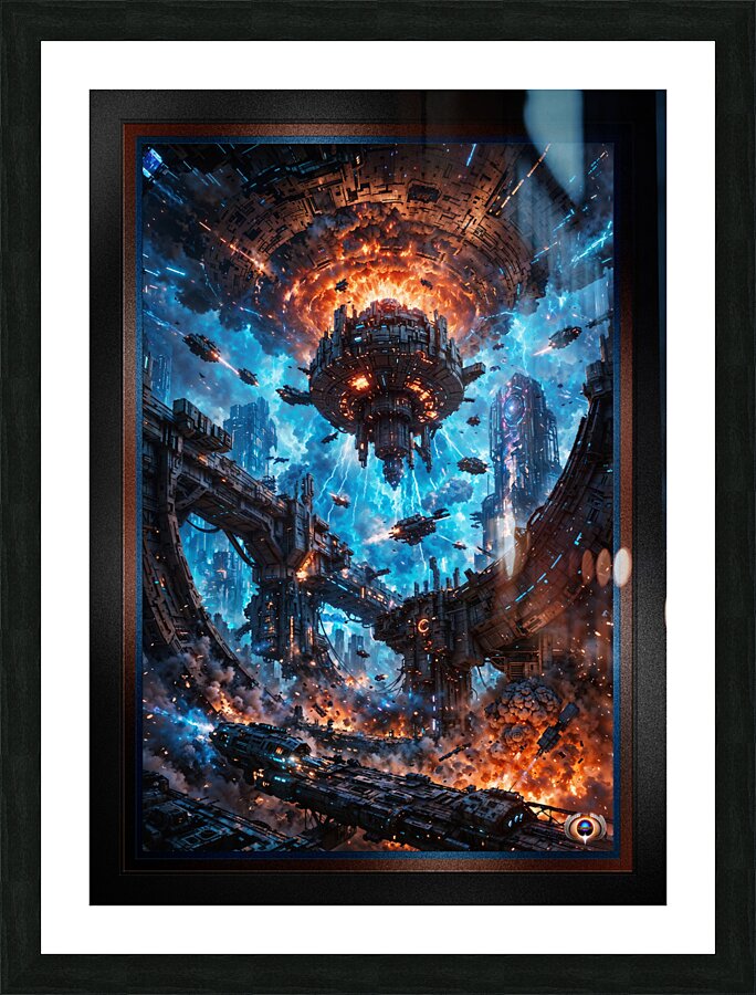 Epic Sci-Fi Abstract Battle Scene Of A Futuristic City Under Siege Stunning AI Concept Art by Xzendor7 Picture Frame print