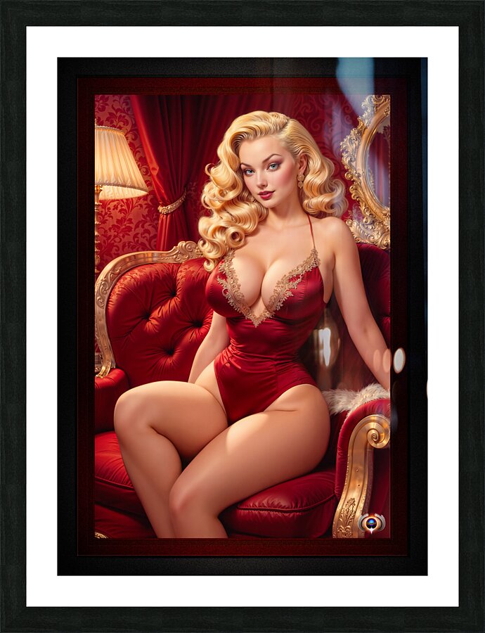 An Elegant Blonde Bombshell Pin Up Girl Sitting On A Red Velvet Sofa Gorgeous AI Concept Art by Xzendor7 Picture Frame print