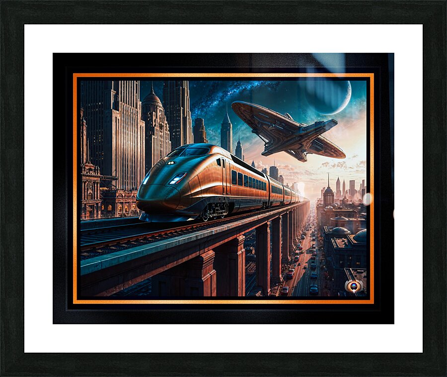 Retro-Futurism Cityscape With High Speed Train And Hovering Spacecraft Awe-Inspiring AI Concept Art by Xzendor7 Picture Frame print