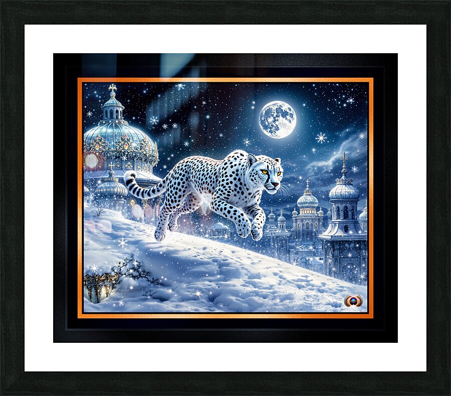 Mystical White Cheetah Traversing An Enchanting Moonlit Winter Cityscape Captivating AI Concept Art by Xzendor7 Picture Frame print