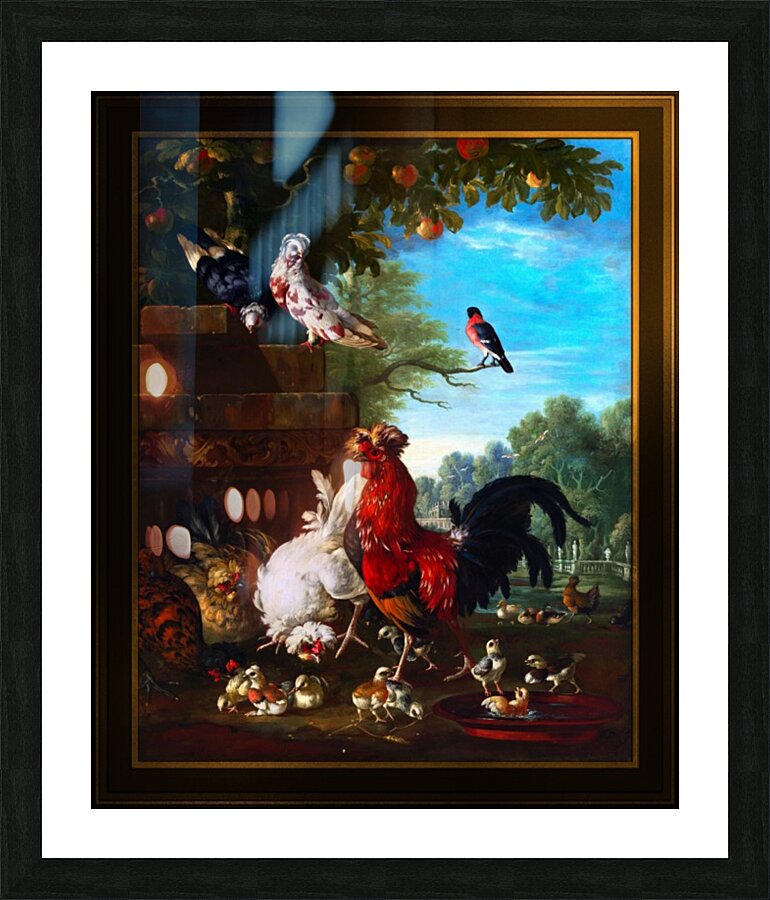Domestic Cock Hens and Chicks in a Park by Pieter Casteels II Picture Frame print