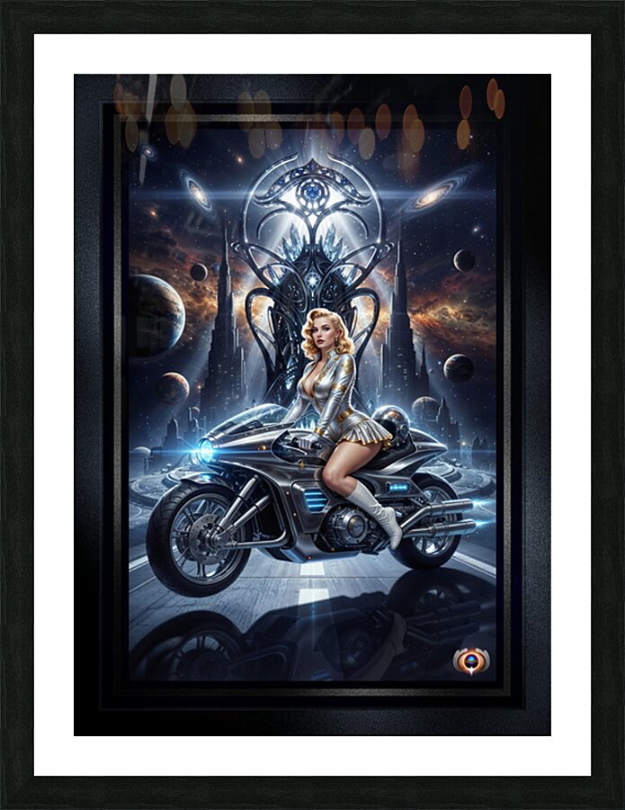 Cosmic Rider Lysandra Valtor Atop Aethelion Spire Mesmerizing AI Concept Art by Xzendor7 Picture Frame print