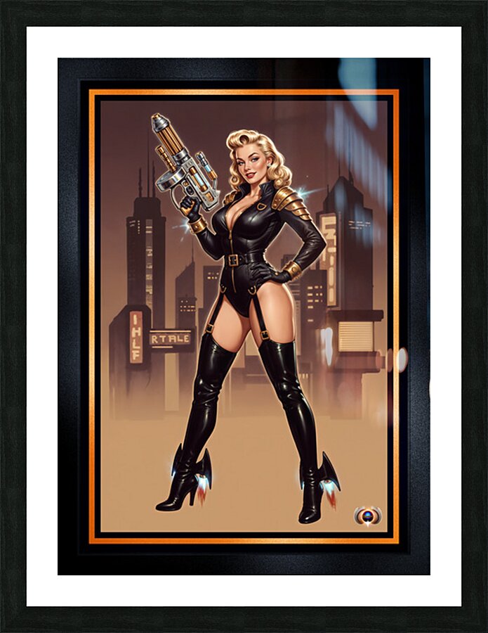 Femme Fatale Pin-Up Valeria Caelum Retro-Futurism Portrait Striking AI Concept Art by Xzendor7 Picture Frame print