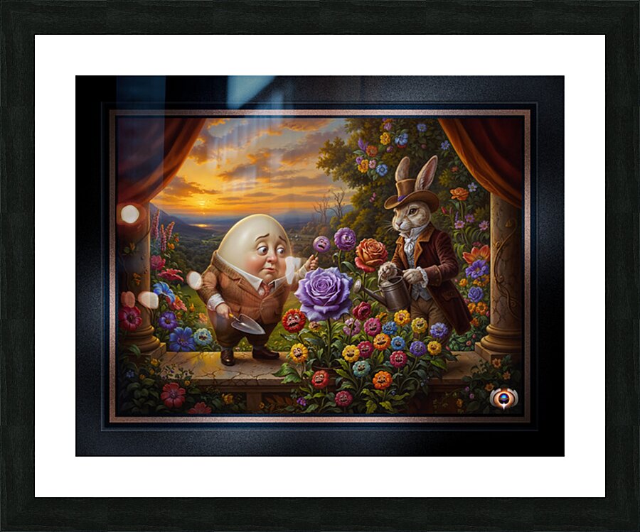 Humpty Dumpty And Peter Rabbit In A Whimsical Garden Enchanting AI Concept Art by Xzendor7 Picture Frame print