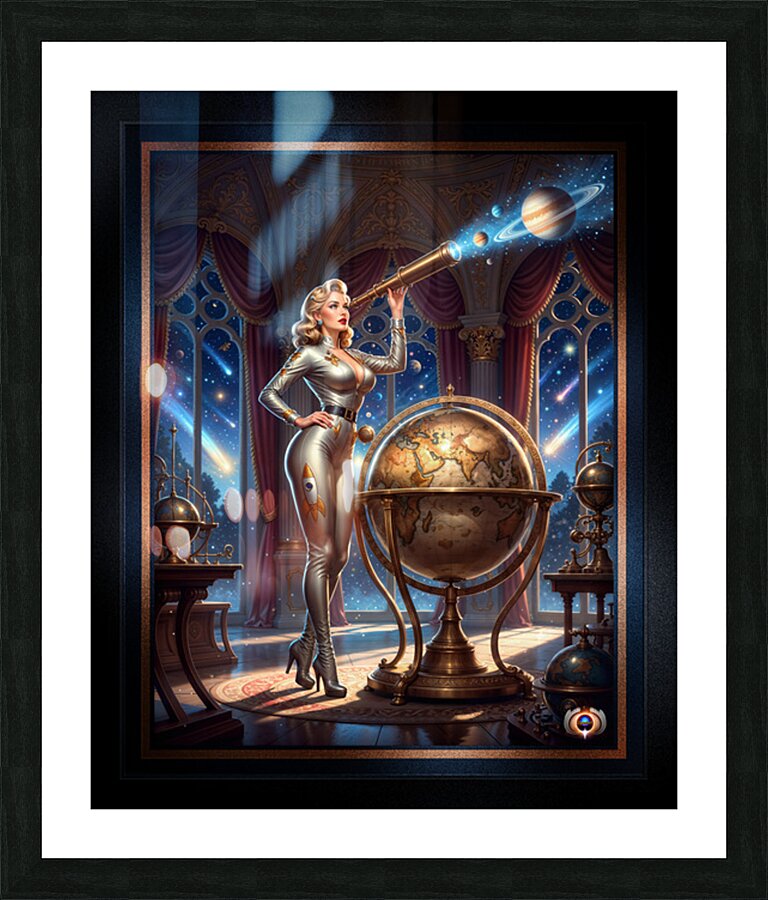 Ravina Orsini Observes Cosmic Wonders Through An Advance Brass Telescope – Limited Edition Art Print AI Concept Art by Xzendor7 Picture Frame Printing