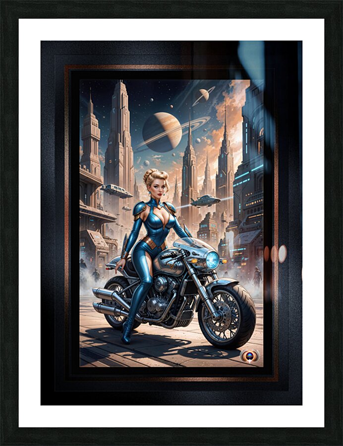 Ylara Fynra Poised On Her Jaxtor M113 In Caelum City Stunning AI Concept Art by Xzendor7 Picture Frame print
