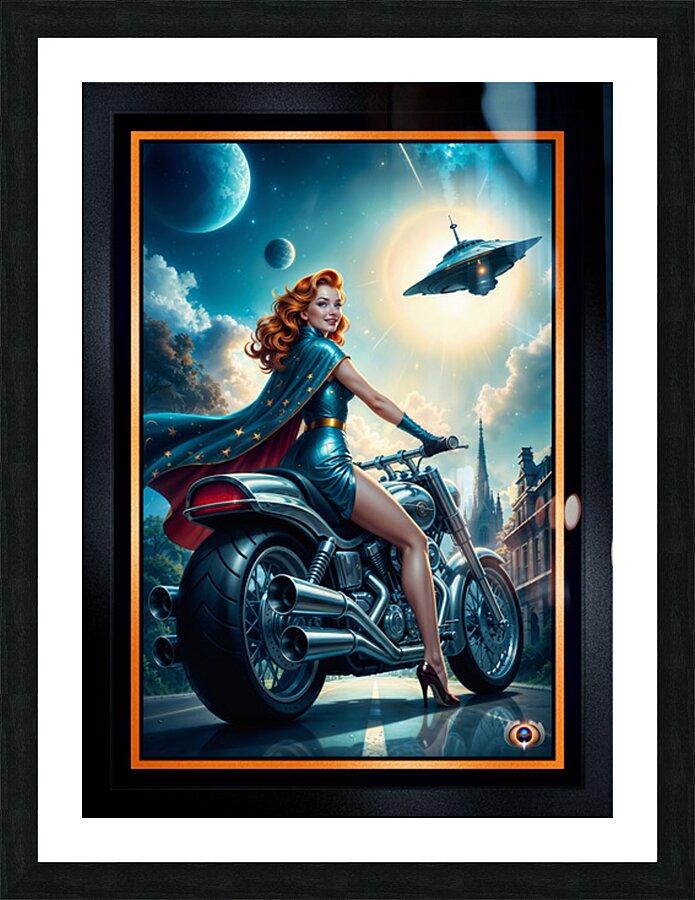 Uranna Laxien Evading Alien Craft On Her Fyrnax Motorcycle Gorgeous AI Concept Art by Xzendor7 Picture Frame print