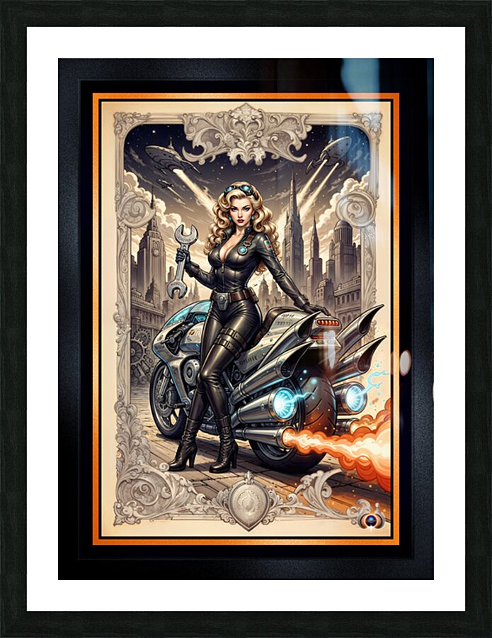 Tsylara Mimor And Her Jithera Cycle Amidst The Sprawling Rovathia Cityscape Gorgeous AI Concept Art by Xzendor7 Picture Frame print