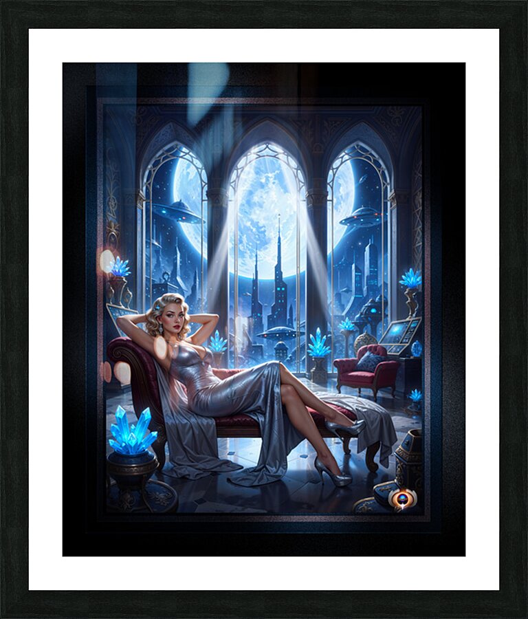 Sylva Braunen Reclining On Chaise Amidst Cosmic Cityscape Striking AI Concept Art by Xzendor7 Picture Frame print