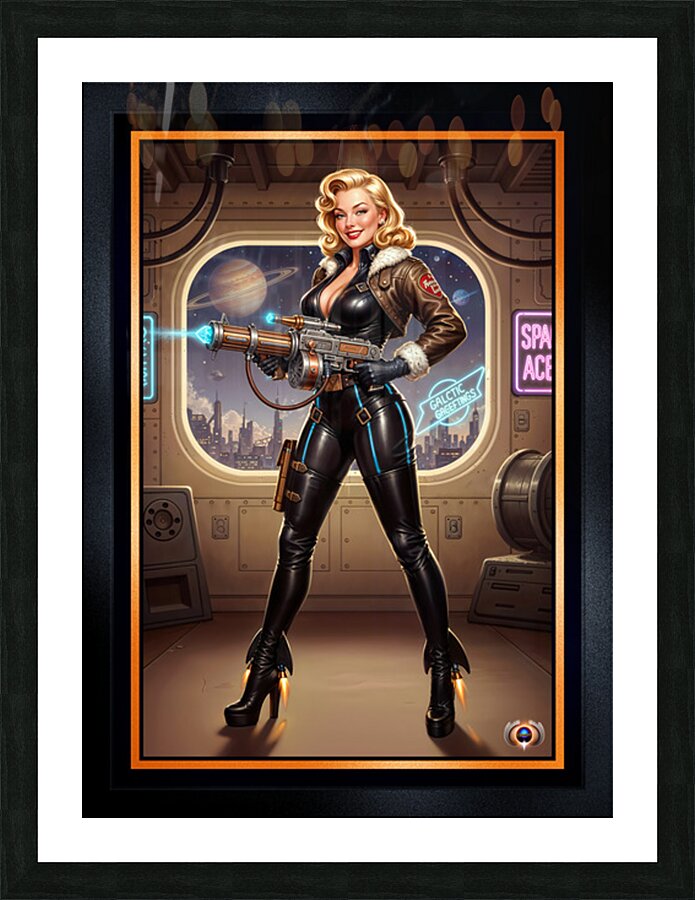 Retro-Futuristic Femme Fatale Pin-Up Pilot Lysandra Valtor Gorgeous AI Concept Art by Xzendor7 Picture Frame print