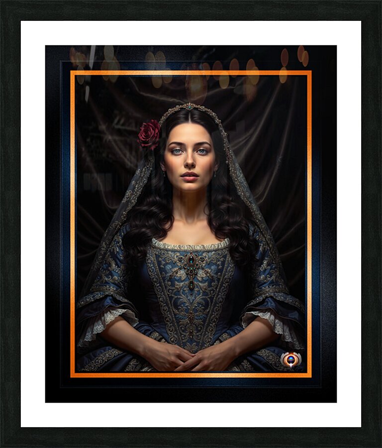 Regal Crimson Rose Blue Dress Portrait of Marina Yvandis Mesmerizing AI Concept Art by Xzendor7 Picture Frame print