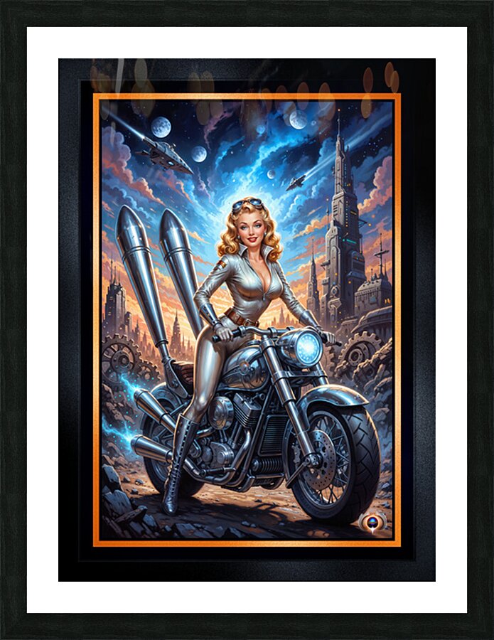Sci-Fi Pin-Up Portrait Of Ariana Rossi On Her Stellar Racer Mesmerizing AI Concept Art by Xzendor7 Picture Frame print