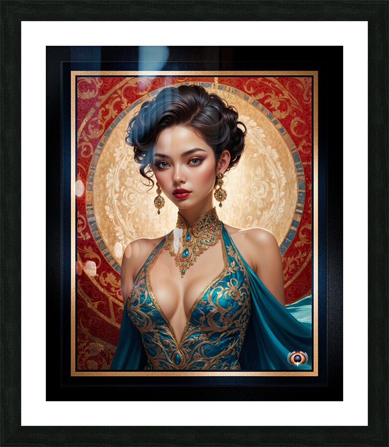 Portrait Of Liriel Voltan In A Regal Teal Satin Dress Gorgeous AI Concept Art by Xzendor7 Picture Frame print