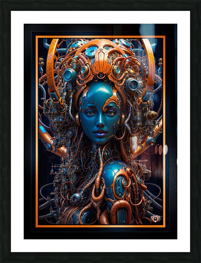 Biomechanical Portrait Of The Living Machine Lyrion Vexian Mesmerzing AI Concept Art by Xzendor7 Picture Frame print