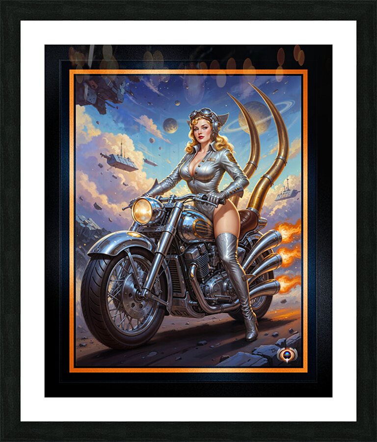 Galactic Pinup Lady Aeravella Zylphia On Her Cosmic Rider Mesmerizing AI Concept Art by Xzendor7 Picture Frame print