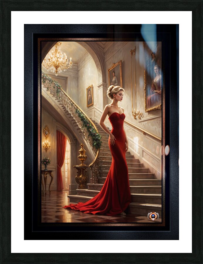 Portrait Of Anya Radu By The Grand Staircase Mesmerizing AI Concept Art by Xzendor7 Picture Frame print