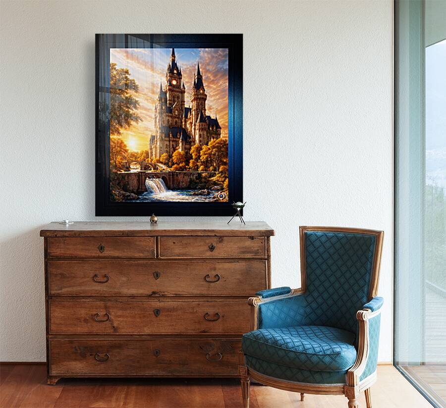 Fantasy Castle With Bridges Over A River by Sunset Astonishing AI Concept Art Portrait by Xzendor7 Reproduction