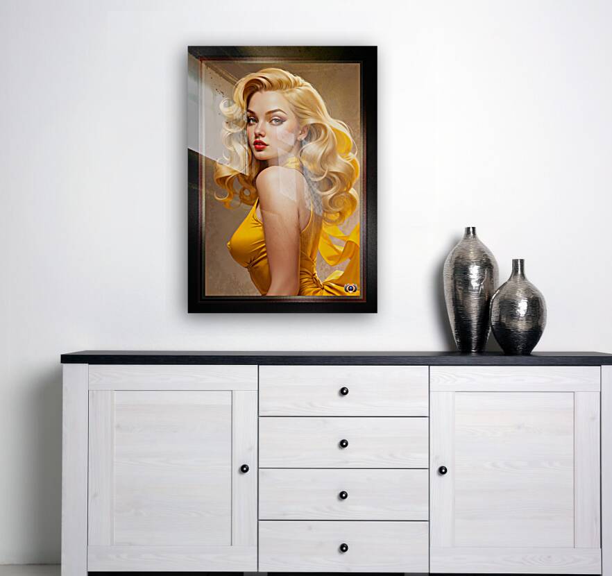 Her Golden Color Mesmerizing Pin Up Girl AI Concept Art Portrait by Xzendor7 Reproduction