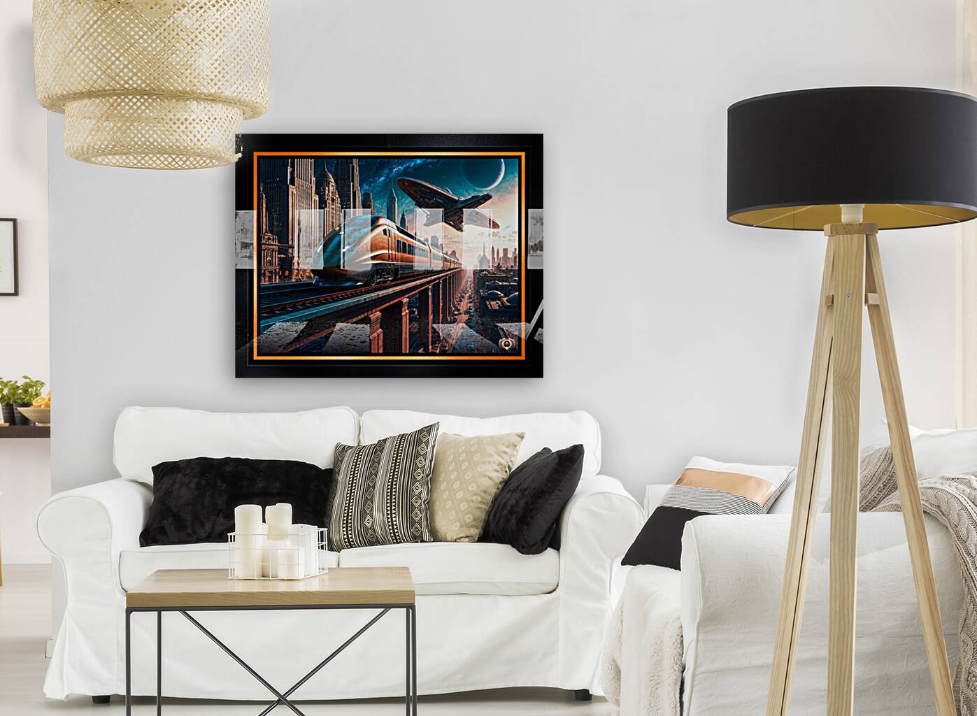 Retro-Futurism Cityscape With High Speed Train And Hovering Spacecraft Awe-Inspiring AI Concept Art by Xzendor7 Reproduction