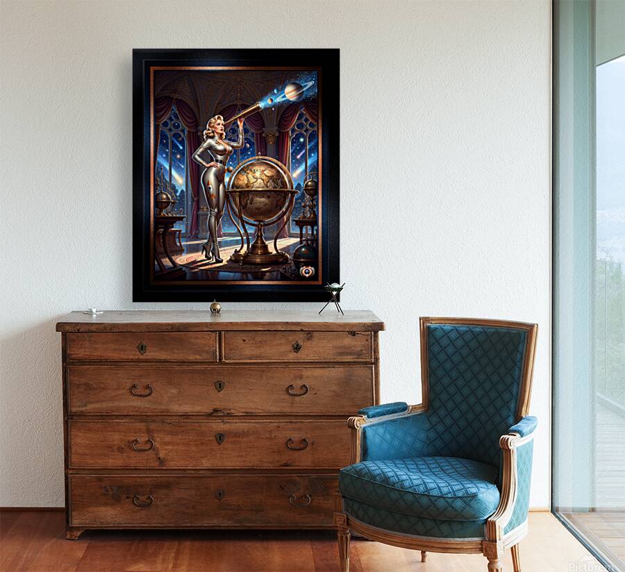 Ravina Orsini Observes Cosmic Wonders Through An Advance Brass Telescope – Limited Edition Art Print AI Concept Art by Xzendor7 Reproduction