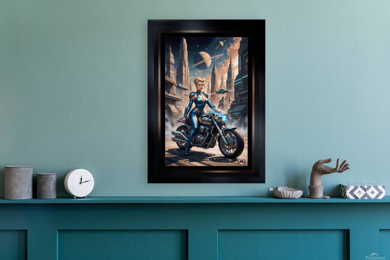 Ylara Fynra Poised On Her Jaxtor M113 In Caelum City Stunning AI Concept Art by Xzendor7 Reproduction