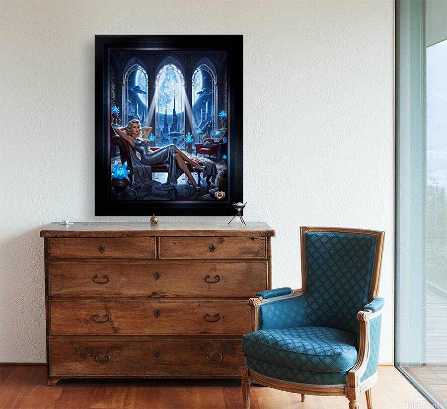 Sylva Braunen Reclining On Chaise Amidst Cosmic Cityscape Striking AI Concept Art by Xzendor7 Reproduction