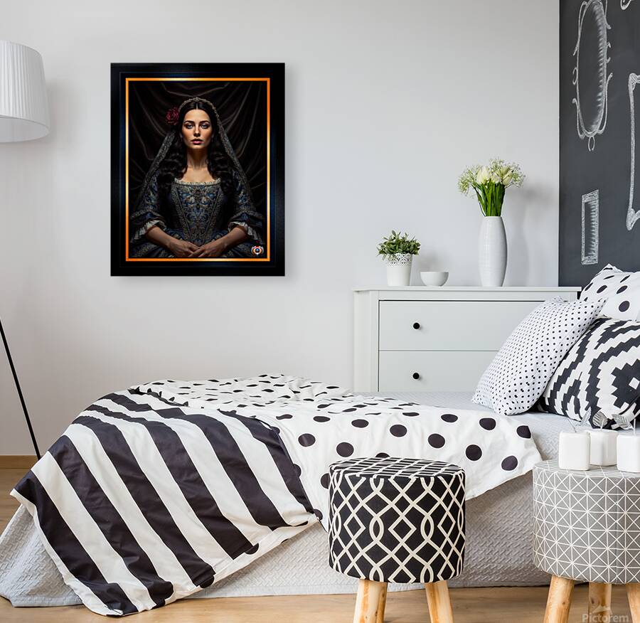 Regal Crimson Rose Blue Dress Portrait of Marina Yvandis Mesmerizing AI Concept Art by Xzendor7 Reproduction