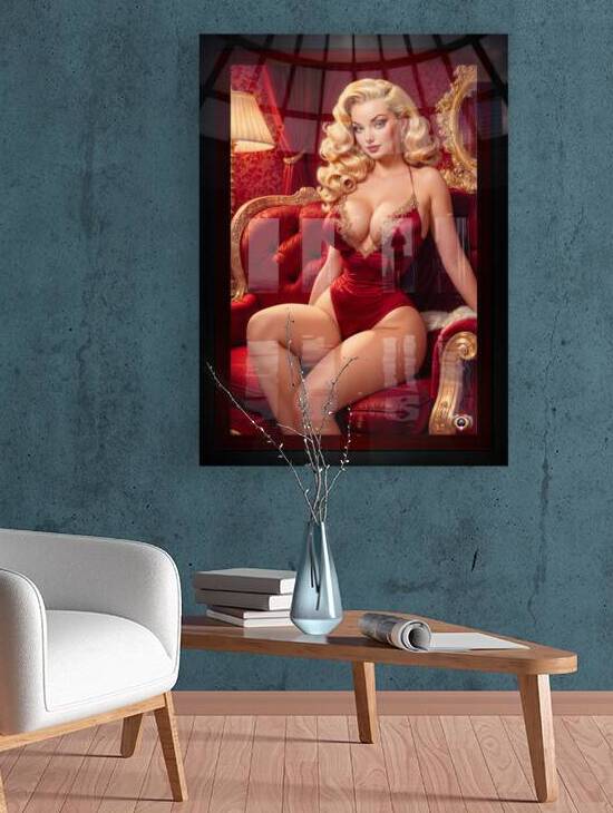 An Elegant Blonde Bombshell Pin Up Girl Sitting On A Red Velvet Sofa Gorgeous AI Concept Art by Xzendor7 by xzendor7