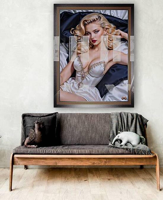 An Elegant Pin Up Girl In A White Satin Dress Reclining On A Luxurious Bed Mezmerising AI Concept Art by Xzendor7 by xzendor7