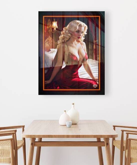 Sultry Pinup Platinum Blonde In Red Satin Gown Sitting On Her Bed Gorgeous AI Concept Art by Xzendor7 by xzendor7