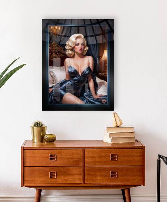Seductive Platinum Blonde Pin-Up In A Satin Blue Dress Mesmerizing AI Concept Art by Xzendor7 by xzendor7