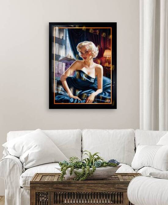 Seductive Platinum Blonde Pin Up Girl In Satin Blue Dress Mesmerizing AI Concept Art by Xzendor7 by xzendor7