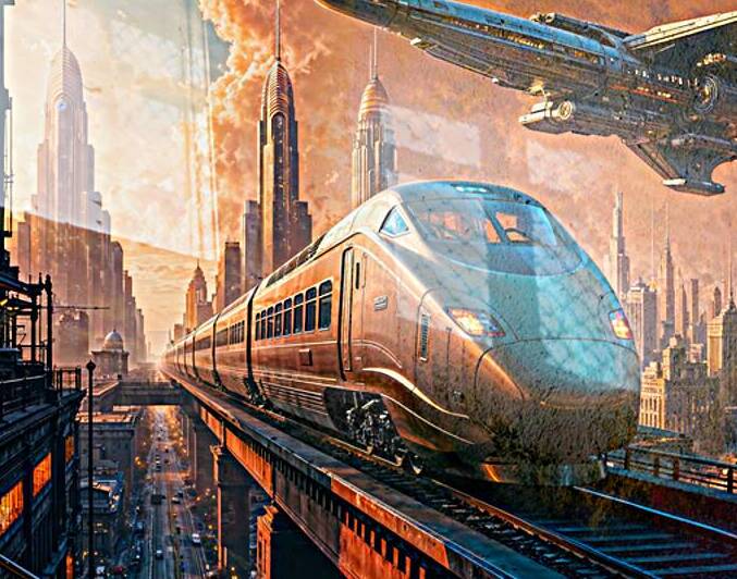 Retro-Futuristic Delketor Metropolis Train And Spaceship Scene Awe-Inspiring AI Concept Art by Xzendor7 by xzendor7