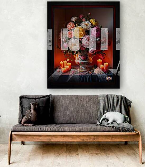 Ornate Porcelain Vase With Lavish Bouquet Of Peonies And Roses By Candlelight Serene AI Concept Art by Xzendor7 by xzendor7
