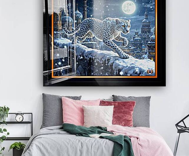 White Cheetah Roams Snow-Capped Rooftops Of A Moonlit Fantasy Cityscape Enchanting AI Concept Art by Xzendor7 by xzendor7