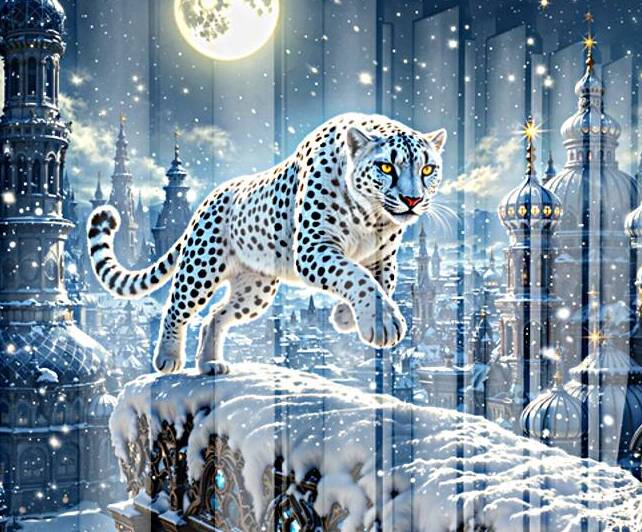 Mystical Snow White Cheetah In A Snowy Moonlit Architectural Wonderland Captivating AI Concept Art by Xzendor7 by xzendor7