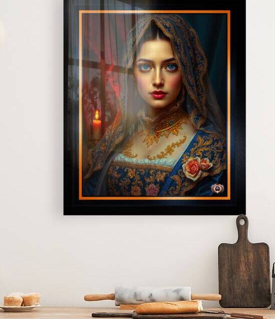 Portrait Of Gianna In A Lace Veil And Opulent Blue And Gold Floral Gown Mesmerizing AI Concept Art by Xzendor7 by xzendor7