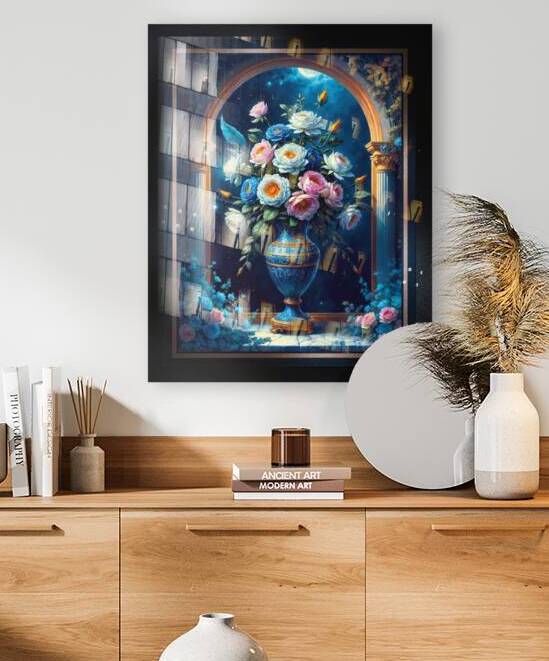 Glorious Floral Bouquet In A Majestic Blue Vase Under A Moonlit Sky Captivating AI Concept Art by Xzendor7 by xzendor7