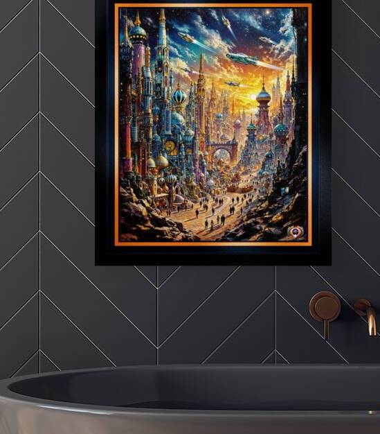 Baroque Inspired Interstellar Bazaar Cityscape at Sunset Mesmerizing AI Concept Art by Xzendor7 by xzendor7