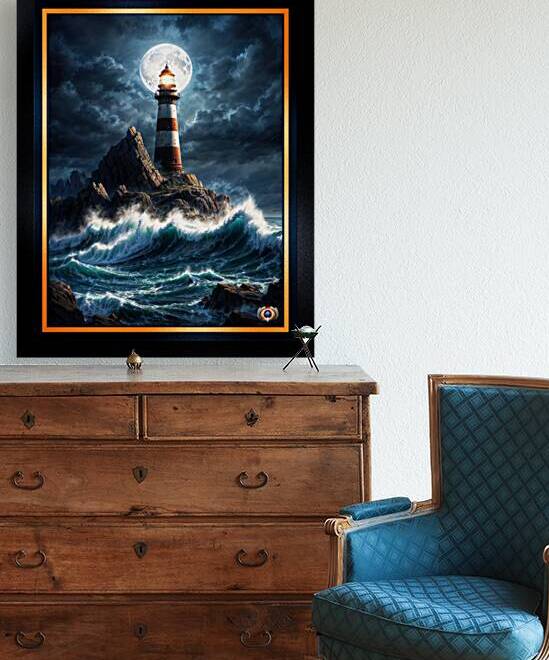 Moonlit Lighthouse Beacon Amidst Crashing Waves Striking AI Concept Art by Xzendor7 by xzendor7