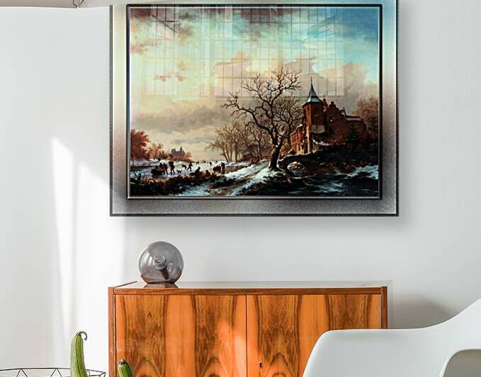 Castle Winter Landscape With Skaters On A Frozen River by Frederik Kruseman Old Masters Fine Art Reproduction by xzendor7