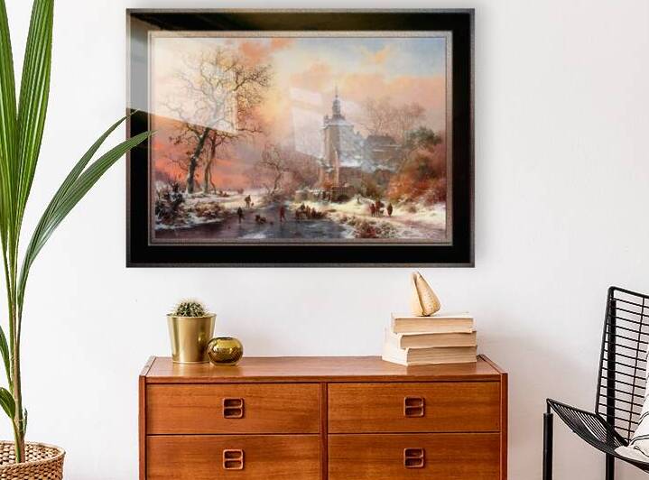 Winter Landscape with Skaters on a Frozen River by Frederik Marinus Kruseman Fine Art Old Masters Reproduction by xzendor7