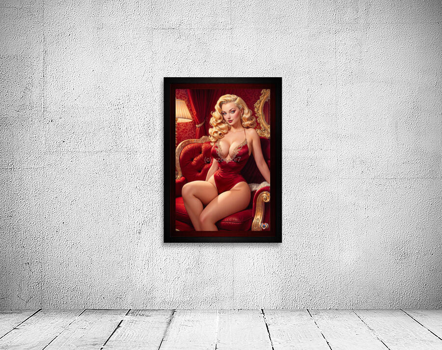 An Elegant Blonde Bombshell Pin Up Girl Sitting On A Red Velvet Sofa Gorgeous AI Concept Art by Xzendor7 Wall Preview