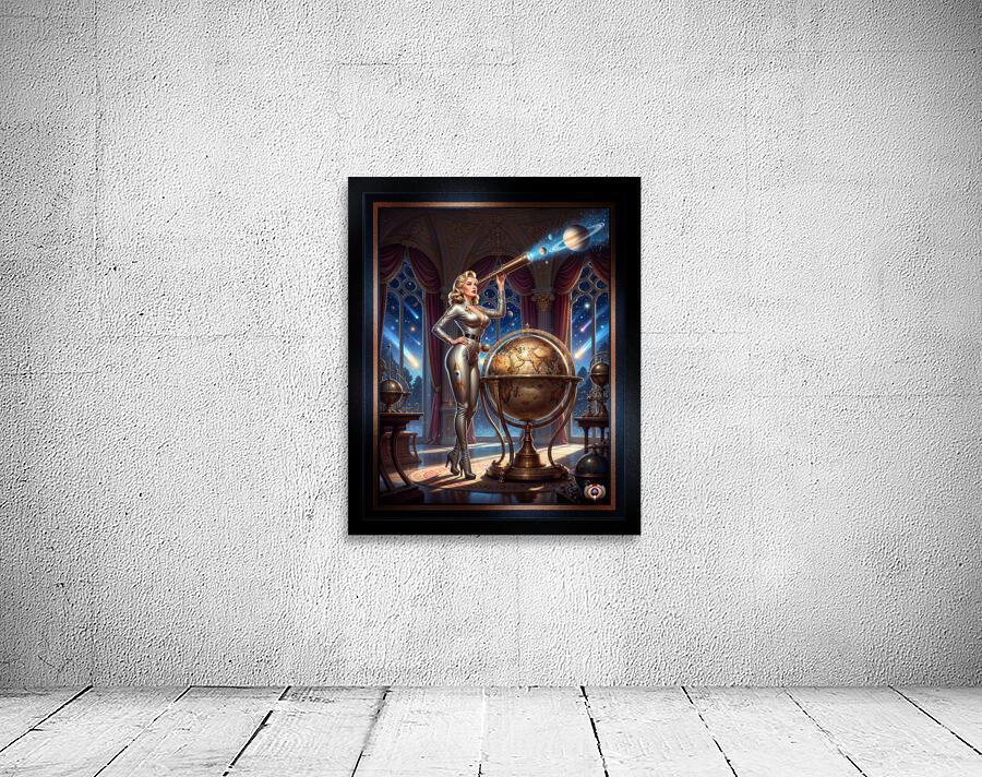 Ravina Orsini Observes Cosmic Wonders Through An Advance Brass Telescope – Limited Edition Art Print AI Concept Art by Xzendor7 Wall Preview
