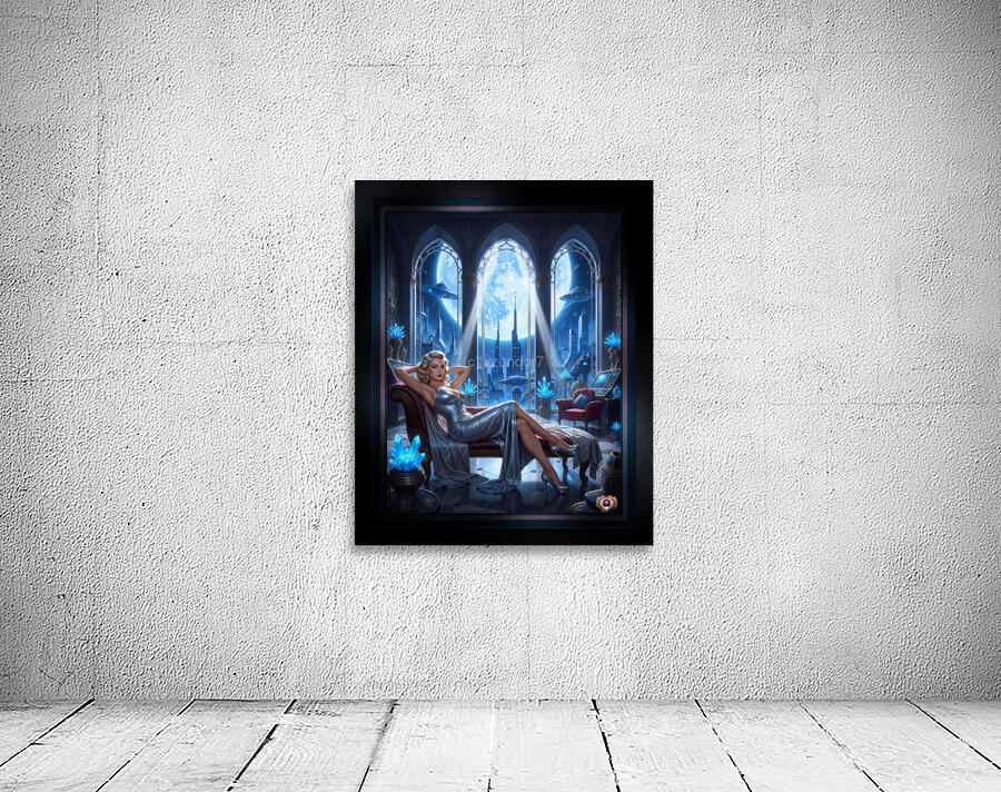 Sylva Braunen Reclining On Chaise Amidst Cosmic Cityscape Striking AI Concept Art by Xzendor7 Wall Preview