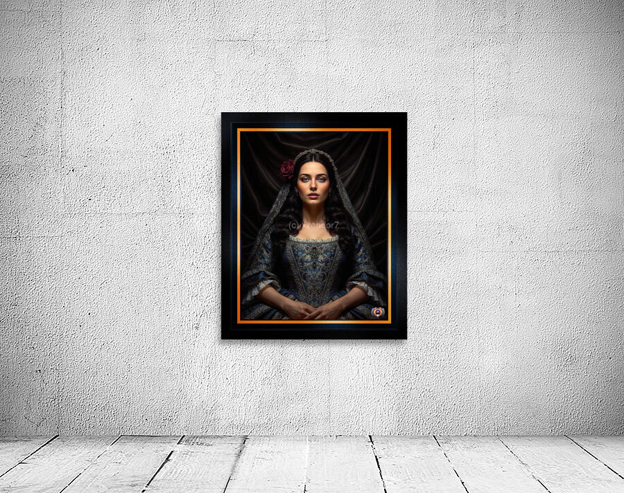 Regal Crimson Rose Blue Dress Portrait of Marina Yvandis Mesmerizing AI Concept Art by Xzendor7 Wall Preview