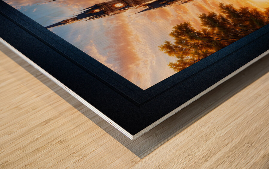 Fantasy Castle With Bridges Over A River by Sunset Astonishing AI Concept Art Portrait by Xzendor7 Wood print