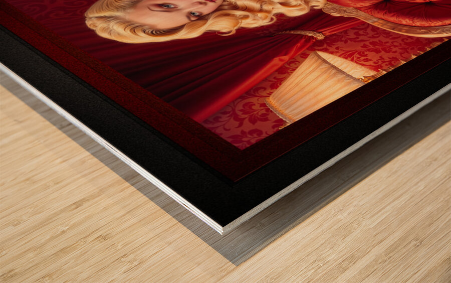 An Elegant Blonde Bombshell Pin Up Girl Sitting On A Red Velvet Sofa Gorgeous AI Concept Art by Xzendor7 Wood print