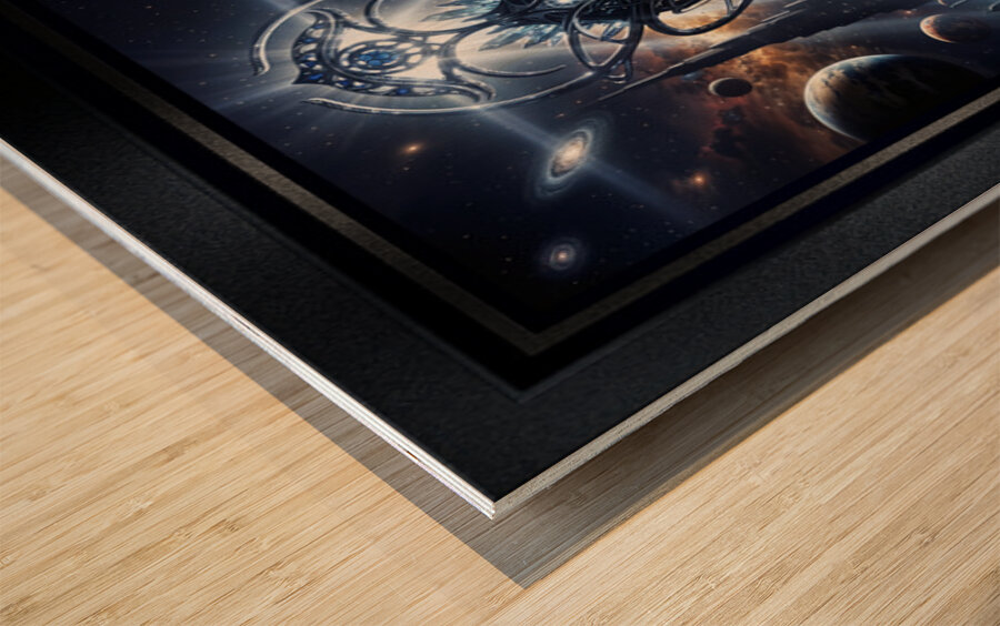 Cosmic Rider Lysandra Valtor Atop Aethelion Spire Mesmerizing AI Concept Art by Xzendor7 Wood print