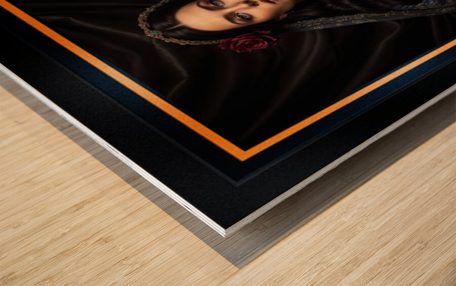 Regal Crimson Rose Blue Dress Portrait of Marina Yvandis Mesmerizing AI Concept Art by Xzendor7 Wood print